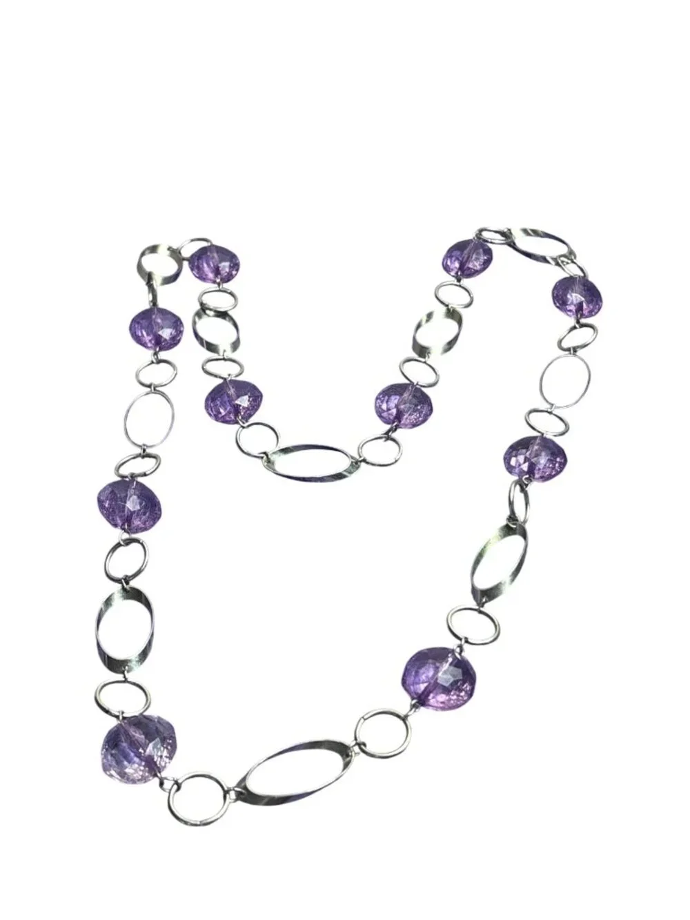 Geometric Silvertone Chain Necklace Purple Plastic Beads No Clasp 33 inches Long